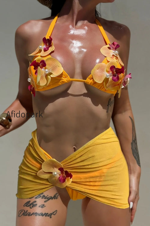 Stereo Flower Decor Three Piece Swim Set
