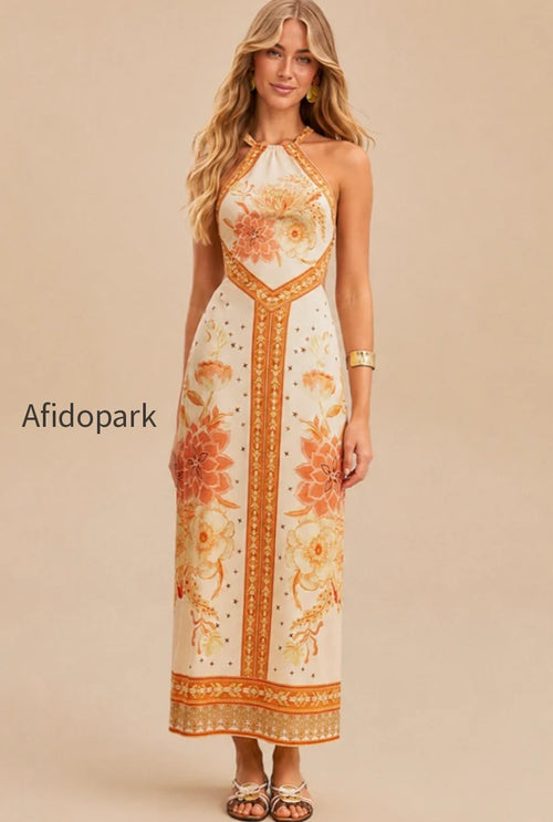 Halter Hollow Floral Maxi Boho Dress