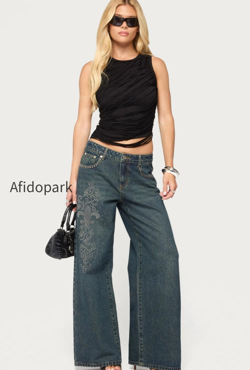 Rhinestone Graphic Low Rise Baggy Jeans