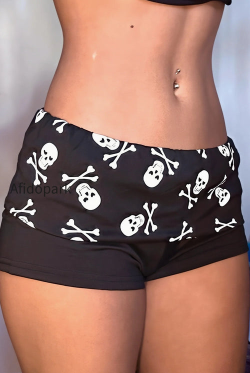 Chic Gothic Skull Low Rise Bodycon Denim Shorts