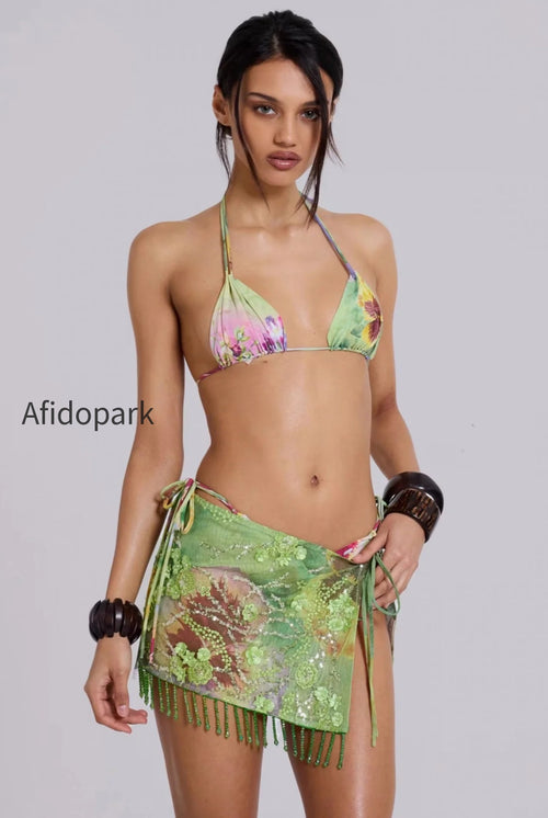 Floral Bead Sequin Three Piece Swim Set